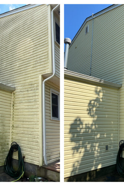 Before and after view of a house's siding, demonstrating cleaning results.